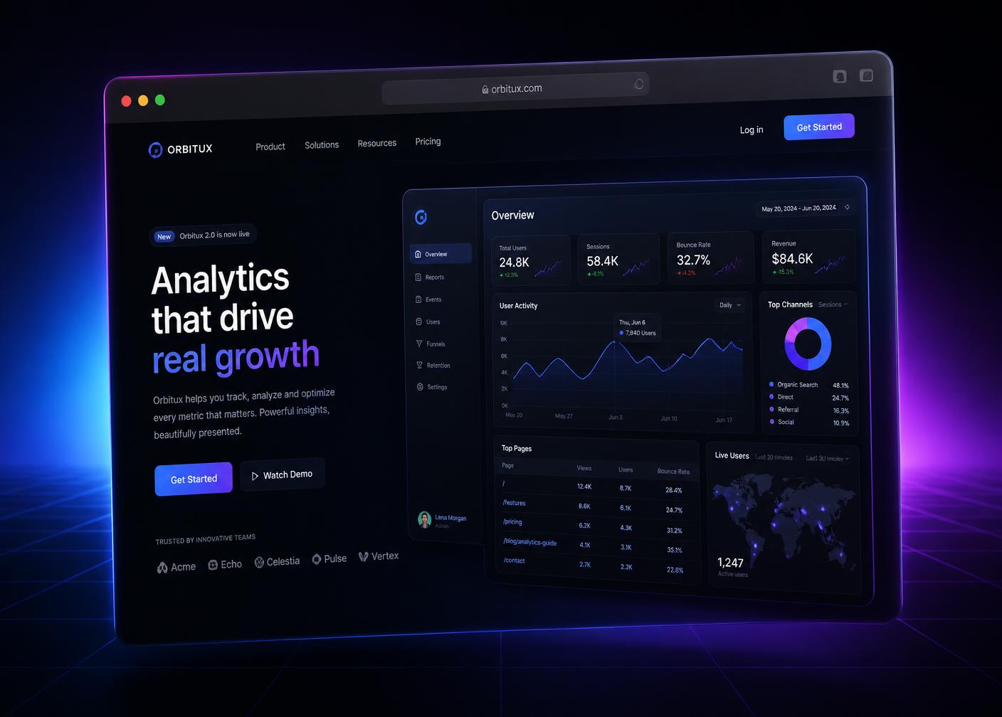 Preview of a modern analytics website built by our team, shown in a browser window